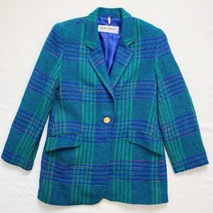 80s Vintage Hauber Colorful Plaid Blazer Gold Button Germany Sz 10 Women's Wool